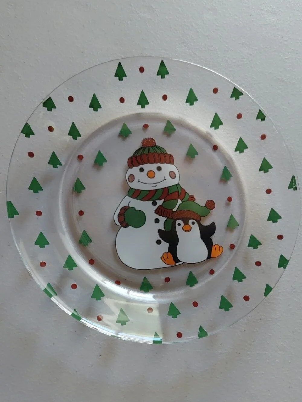 Arcoroc France Snowman & Penguin Glass Plate - Red, Green, Clear